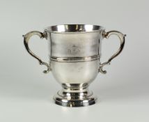 GEORGE II SILVER TWIN HANDLED CUP OR LOVING MUG, raised on circular base with engraved initials 