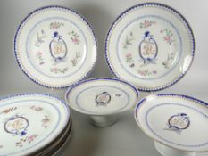 19TH CENTURY CONTINENTAL PORCELAIN PART DINNER SERVICE comprising six plates and two comports,