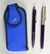 MODERN METALLIC PURPLE PARKER FRONTIER FOUNTAIN PEN & BALLPOINT SET in blue Parker pouch