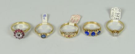 FIVE 18CT GOLD LADIES RINGS to include illusion set diamond, ruby flower head etc (5) 14.8 grams