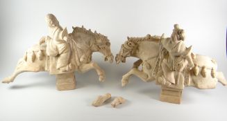 A PAIR OF TANG DYNASTY STYLE TERRACOTTA MALE & FEMALE WARRIORS ON HORSEBACK raised on square