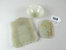 PALE JADE SMALL PEDESTAL BOWL together with carved & pierced jade panel depicting fantastic bird