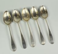 SET OF FOUR SILVER SPOONS, of simple form, Edinburgh 1799 makers mark R G, together with another