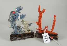 CARVED CORAL STUDY OF MOTHER & DAUGHTER HOLDING FANS ON HARDWOOD BASE together with another possible