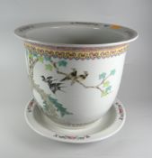 20th CENTURY CHINESE PORCELAIN BELL-SHAPED PLANTER raised on associated Chinese stand, the planter