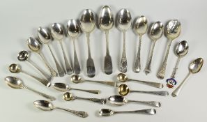 PARCEL OF ASSORTED SILVER SPOONS, to include picture back spoons, mustard spoon, flash engraved,