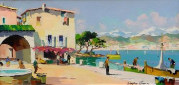 CECIL D'OYLY JOHN oil on canvas - bright and colourful busy harbourside with figures, entitled verso