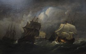 C LAVIN oil on canvas - five warships in high seas, signed and dated 1874, 60 x 90cms