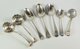 PARCEL OF ASSORTED 18TH CENTURY & LATER SILVER SPOONS, to include a pair of shell and scroll ladles,