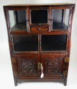 CHINESE CARVED HARDWOOD TABLE TOP DISPLAY CABINET having configuration of five glazed doors