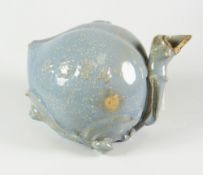 BELIEVED CHINESE POTTERY MODEL OF A FRUIT ON VINE vessel in blue glaze with four character marks.