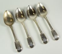 SET OF FOUR GEORGE III SILVER FIDDLE & THREAD PATTERN SERVING SPOONS, with engraved initial.