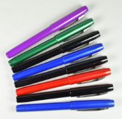 SEVEN MODERN PARKER REFLEX FOUNTAIN PENS all with steel nibs, one purple, one green, two blue, three