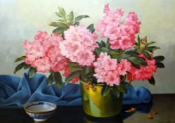 JOANNES B N VAN GENT oil on canvas - still-life with pink flowers on a table and Chinese bowl,