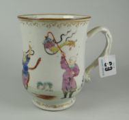 CHINESE EXPORT PORCELAIN FAMILLE ROSE BELL SHAPED TANKARD with loop handle depicting figures &
