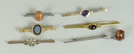 GROUP OF SIX ASSORTED LADIES BAR BROOCHES to include silver & gold, set with opal, seed pearls,