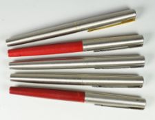 FIVE MODERN PARKER JOTTER FOUNTAIN PENS two burgundy, three stainless steel Flighters, one with gold