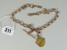 9CT YELLOW GOLD DOUBLE ALBERT WATCH CHAIN, having T bar and drop suspending 1906 gold sovereign.