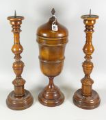 GEORGIAN-STYLE TURNED WOODEN URN-SHAPED CUP & COVER with gilt metal pineapple finial together with