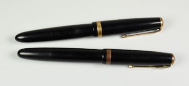 TWO VINTAGE BLACK PARKER DUOFOLD STANDARD FOUNTAIN PENS with 14ct gold nibs, one button fill, one