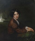 NINETEENTH CENTURY ENGLISH SCHOOL oil on canvas - half-portrait of a lady with hair up, seated in