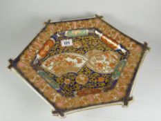 JAPANESE IMARI HEXAGONAL SHALLOW DISH overall decorated with fantastic bird panel within profusely