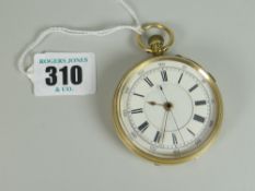18CT YELLOW GOLD GENTS POCKET WATCH, having enamel face with Roman numeral chapter ring and 18ct