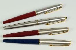 THREE VINTAGE PARKER 45 CLASSIC FOUNTAIN PENS two red, one blue, each with brushed stainless steel