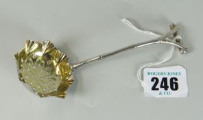 VICTORIAN SILVER PIERCED SUGAR SIFTER SPOON having gilded bowl and bamboo design handle. London