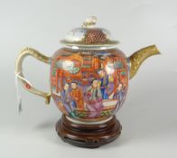 CHINESE PORCELAIN MANDARIN TEAPOT & COVER depicting figures & pagodas with alternating bird