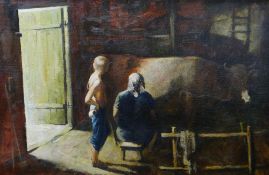 TWENTIETH CENTURY RUSSIAN SCHOOL oil on canvas - stable with two figures and a cow, signed and dated