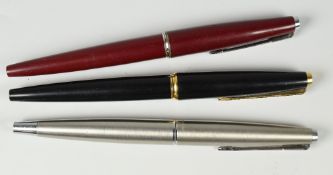 THREE VINTAGE PARKER 45 FOUNTAIN PENS one black 45 DeLuxe, one red 45 CT, one flighter & silver tail