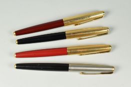 FOUR VINTAGE PARKER 61 FOUNTAIN PENS one black deluxe with satin lustraloy cap with double jewel,