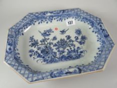 CHINESE PORCELAIN BLUE & WHITE OCTAGONAL SMALL SERVING DISH decorated with birds, trees & flowers