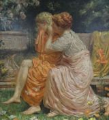 NINETEENTH CENTURY ENGLISH SCHOOL oil on canvas - two Classical style robed figures in a garden,