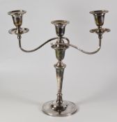 MID 20TH CENTURY SILVER TWO BRANCH CANDELABRA, raised on circular stepped base. Sheffield 1964, 37cm