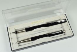 MODERN BLACK PARKER VECTOR FOUNTAIN PEN & PENCIL SET steel nib to pen and both with chrome trim,