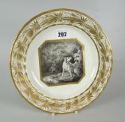 A DERBY PORCELAIN PLATE WITH SEPIA PANEL BY JOHN BREWER featuring a single dog within woodland in