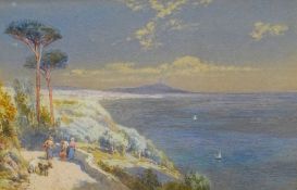CHARLES ROWBOTHAM watercolour - Bay of Naples with shepherds on a path, signed, 12.56 x 19cms