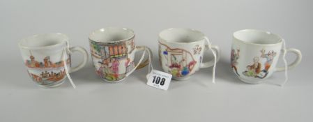 FOUR SIMILAR CHINESE PORCELAIN FAMILLE ROSE SMALL MUGS depicting figures in landscapes, 6cms high