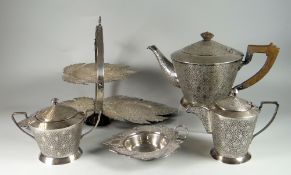 FIVE PIECE WHITE METAL TEA SET, comprising folding cake stand, teapot, cream jug, sucrier and bon
