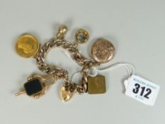 9CT YELLOW GOLD CURB LINK CHARM BRACELET, with mainly 9ct gold charms and an 1897 gold sovereign,