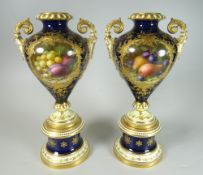 A PAIR OF FREDERICK CHIVERS FRUIT DECORATED COALPORT PORCELAIN VASES of pedestal form with narrow