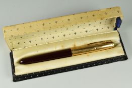 VINTAGE CORDOVAN BROWN PARKER 51 FOUNTAIN PEN with gold filled cap, gold plated trim & jewel,
