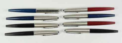 EIGHT VINTAGE PARKER 45 CLASSIC FOUNTAIN PENS three black, three blue, two burgundy, all with