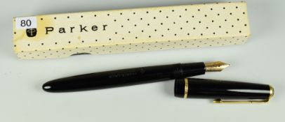 VINTAGE BLACK PARKER JUNIOR FOUNTAIN PEN with original gold nib, in original box with instructions