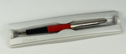 MODERN RED PARKER JOTTER FOUNTAIN PEN with brushed steel cap & nib, with chrome trim, in original