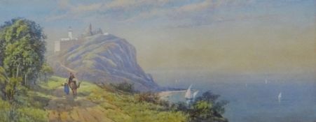 CHARLES ROWBOTHAM watercolour - mule and figures walking a coastal road towards headland