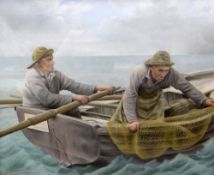 L BRENDAU pastel on paper - two Breton fishermen in rowing boat casting a net, signed, 68 x 82cms