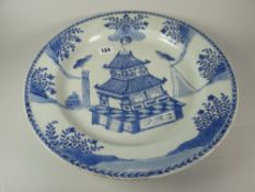 CHINESE PORCELAIN BLUE & WHITE PLATE depicting pagoda & birds within mountainous landscape,